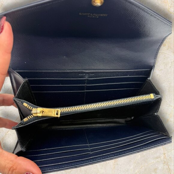 YSL Navy Monogram Flap Wallet in Grained Leather - Picture 7 of 9